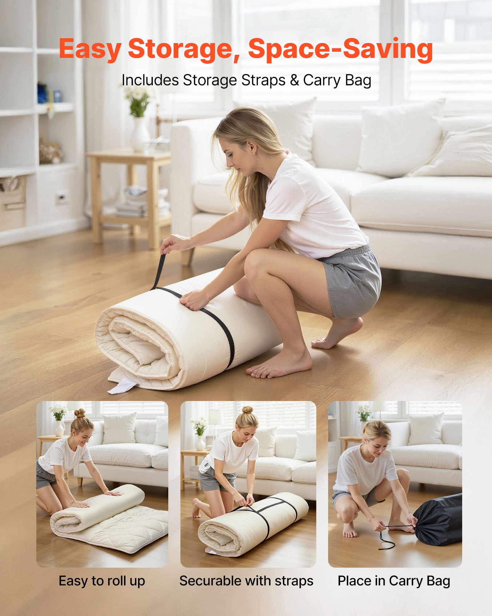 VEVOR Colchón Futón Japonés, Tatami Plegable de Tamaño Individual, con Bolsa de Almacenamiento y Herrajes de Montaje, Esterilla de 9 Capas para Meditación y Yoga, Blanco, 2032 x 991 x 63,5 mm