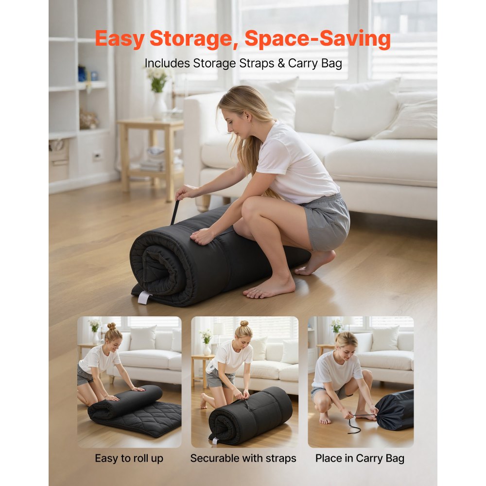 VEVOR Colchón Futón Japonés, Tatami Plegable Tamaño Individual, con Bolsa de Almacenamiento y Herrajes de Montaje, Esterilla de 9 Capas para Meditación y Yoga, Color Negro, 2032 x 991 x 89 mm