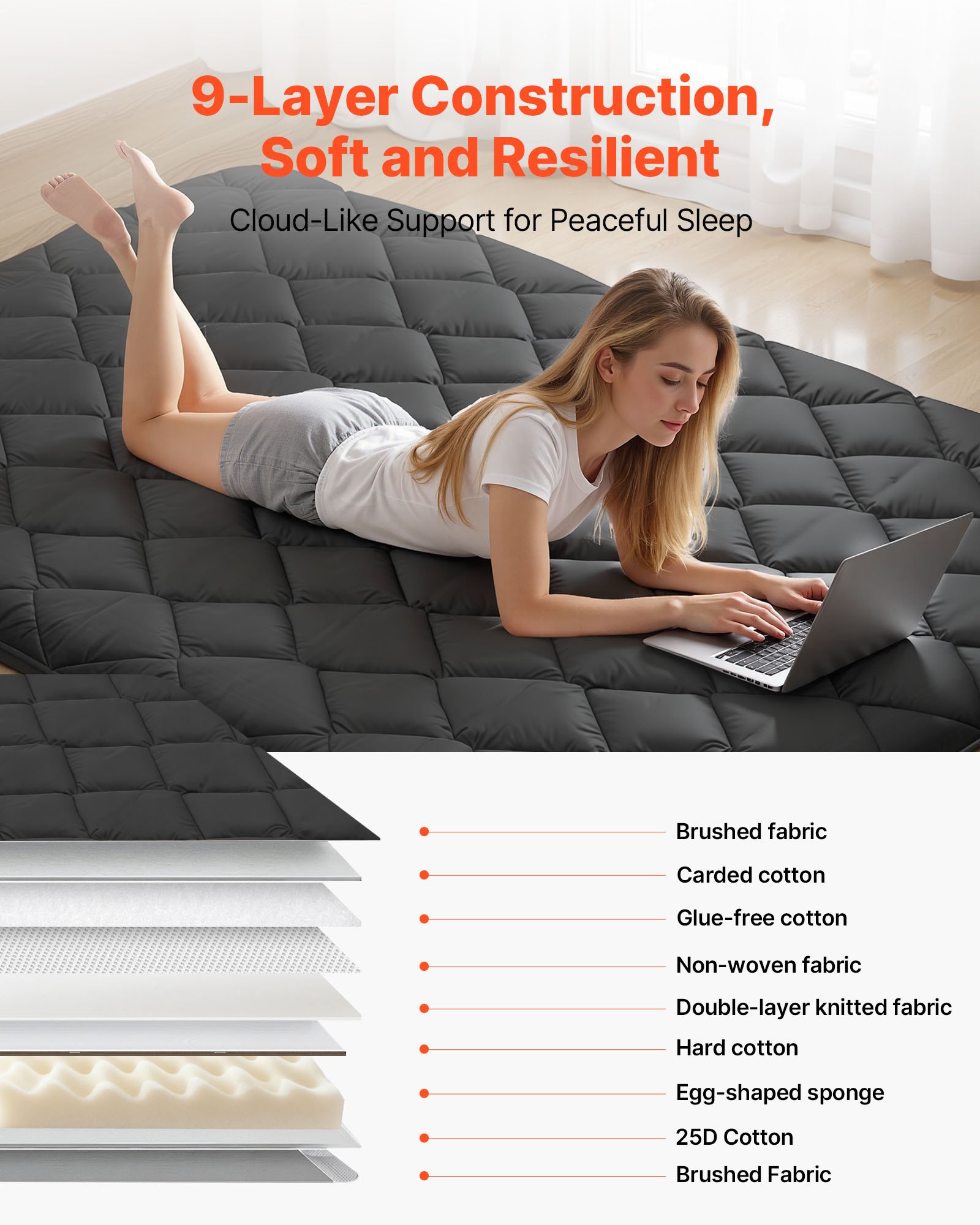 VEVOR Colchón Futón Japonés, Tatami Plegable de Tamaño Completo, con Bolsa de Almacenamiento y Herrajes de Montaje, Esterilla de 9 Capas para Meditación y Yoga, Color Negro, 2032 x 1372 x 89 mm