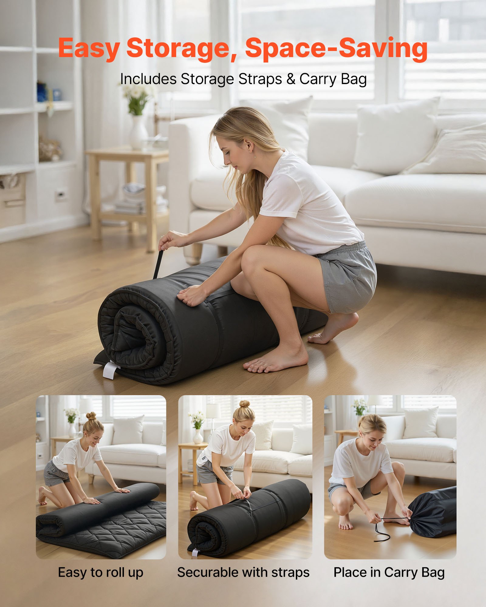 VEVOR Colchón Futón Japonés, Tatami Plegable de Tamaño Completo, con Bolsa de Almacenamiento y Herrajes de Montaje, Esterilla de 9 Capas para Meditación y Yoga, Color Negro, 2032 x 1372 x 89 mm