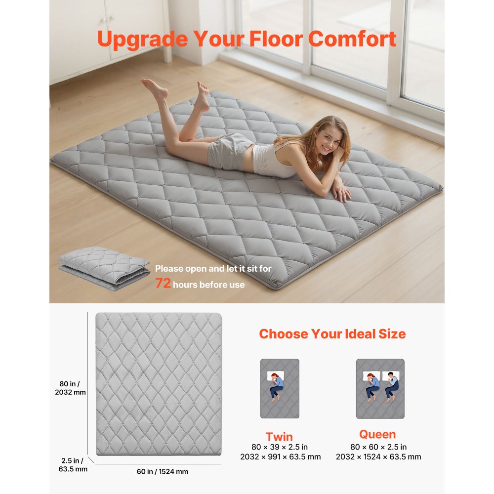 VEVOR Colchón Futón Japonés, Tatami Plegable de Tamaño Queen, con Bolsa de Almacenamiento y Herrajes de Montaje, Esterilla de 9 Capas para Meditación y Yoga, Color Gris, 2032 x 1524 x 63,5 mm