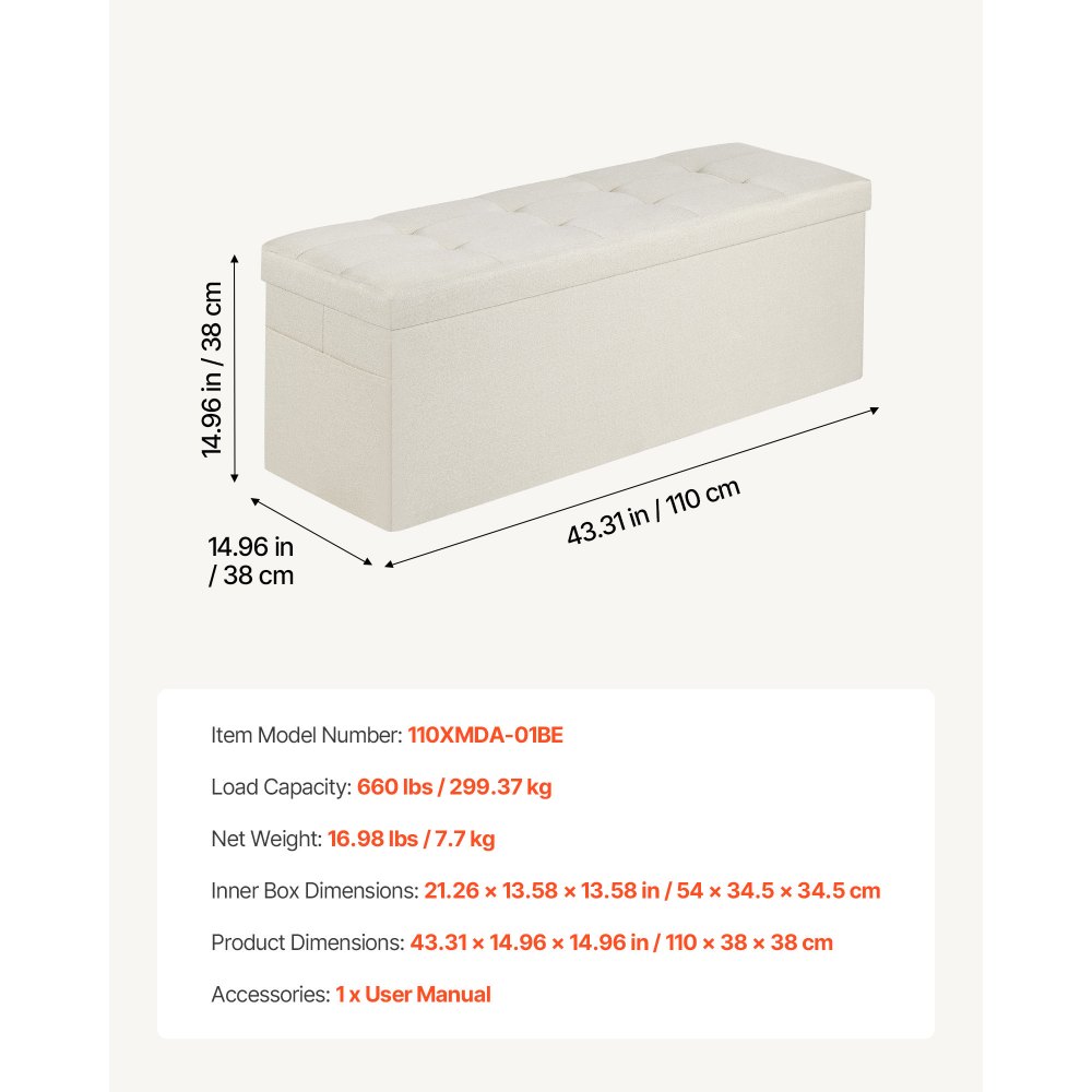 VEVOR Reposapiés Plegable Rectangular con Almacenamiento y Bolsillos Laterales, Asiento Acolchado y Plegable, Carga hasta 299,37 kg, 110 x 38 x 38 cm, para Salón, Dormitorio y Pasillo, Color Beige