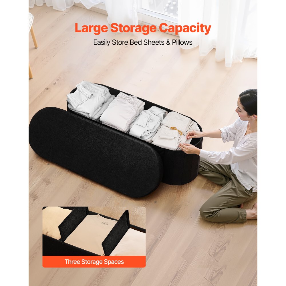 VEVOR Reposapiés Plegable Ovalado, con Espacio de Almacenamiento, Asiento Acolchado, Carga 299,37 kg, Moderno y Minimalista, 1100 x 380 x 380 mm, para Salón, Dormitorio y Pasillo, Color Negro