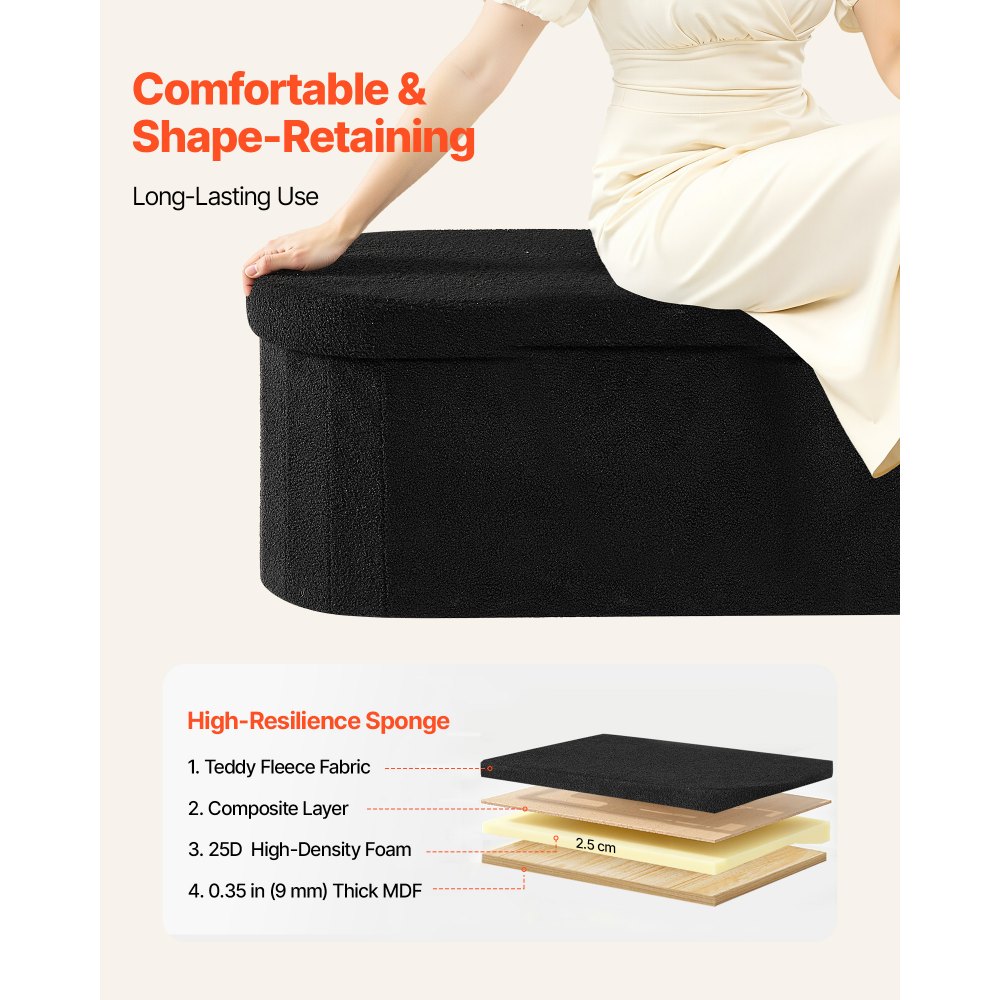 VEVOR Reposapiés Plegable Ovalado, con Espacio de Almacenamiento, Asiento Acolchado, Carga 299,37 kg, Moderno y Minimalista, 1100 x 380 x 380 mm, para Salón, Dormitorio y Pasillo, Color Negro