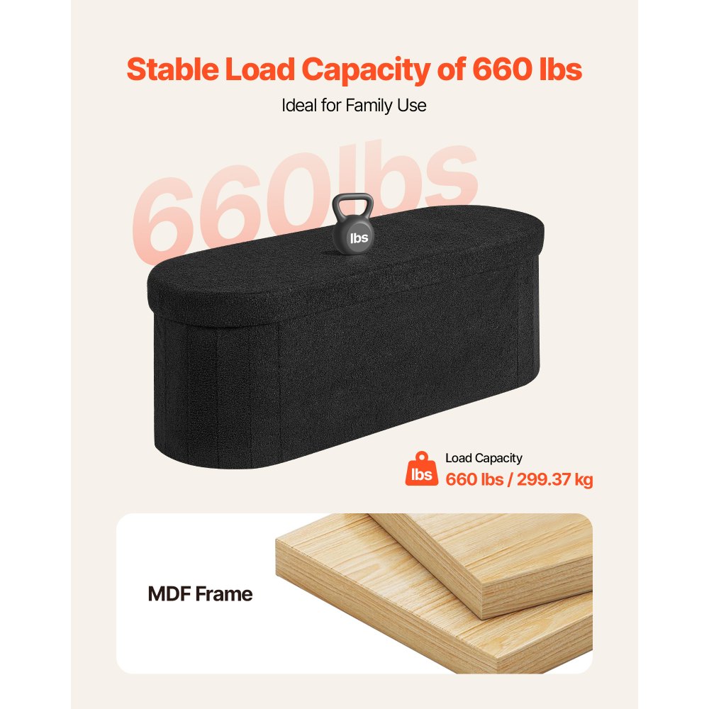 VEVOR Reposapiés Plegable Ovalado, con Espacio de Almacenamiento, Asiento Acolchado, Carga 299,37 kg, Moderno y Minimalista, 1100 x 380 x 380 mm, para Salón, Dormitorio y Pasillo, Color Negro