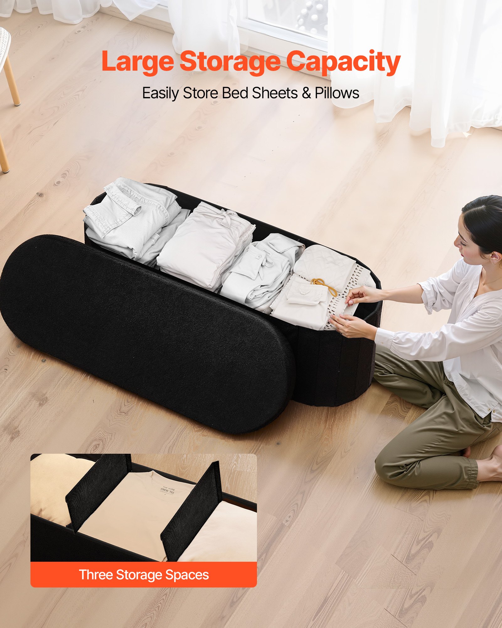 VEVOR Reposapiés Plegable Ovalado, con Espacio de Almacenamiento, Asiento Acolchado, Carga 299,37 kg, Moderno y Minimalista, 1100 x 380 x 380 mm, para Salón, Dormitorio y Pasillo, Color Negro