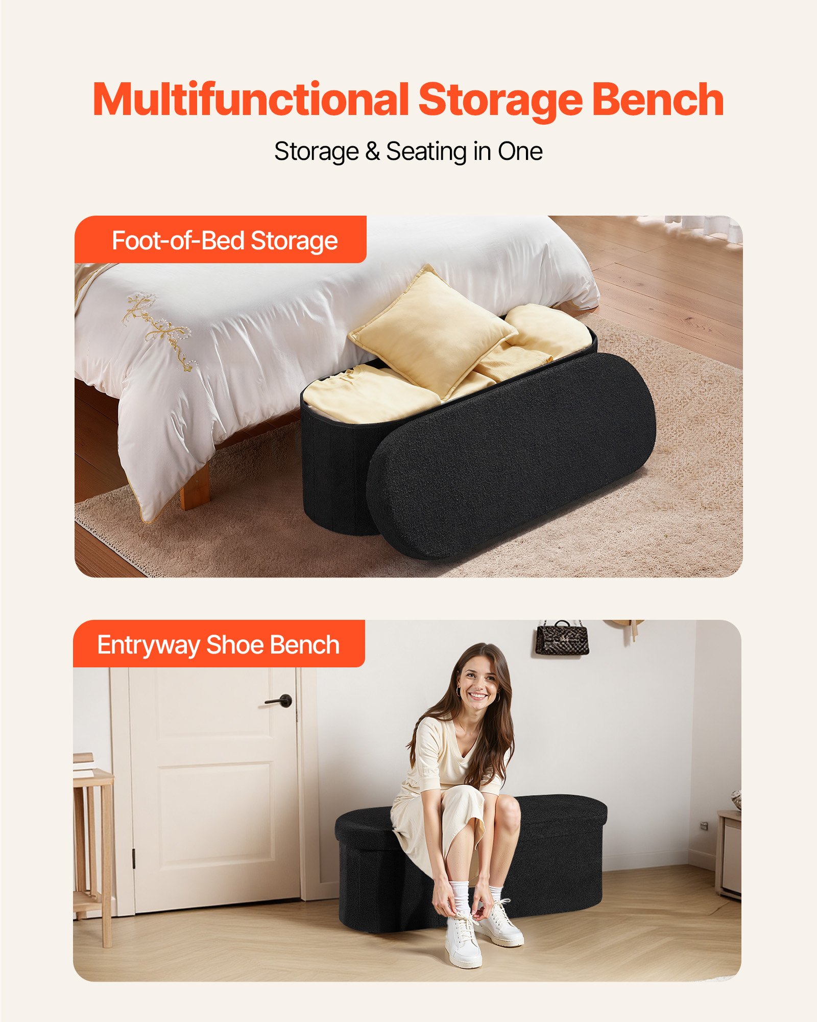 VEVOR Reposapiés Plegable Ovalado, con Espacio de Almacenamiento, Asiento Acolchado, Carga 299,37 kg, Moderno y Minimalista, 1100 x 380 x 380 mm, para Salón, Dormitorio y Pasillo, Color Negro