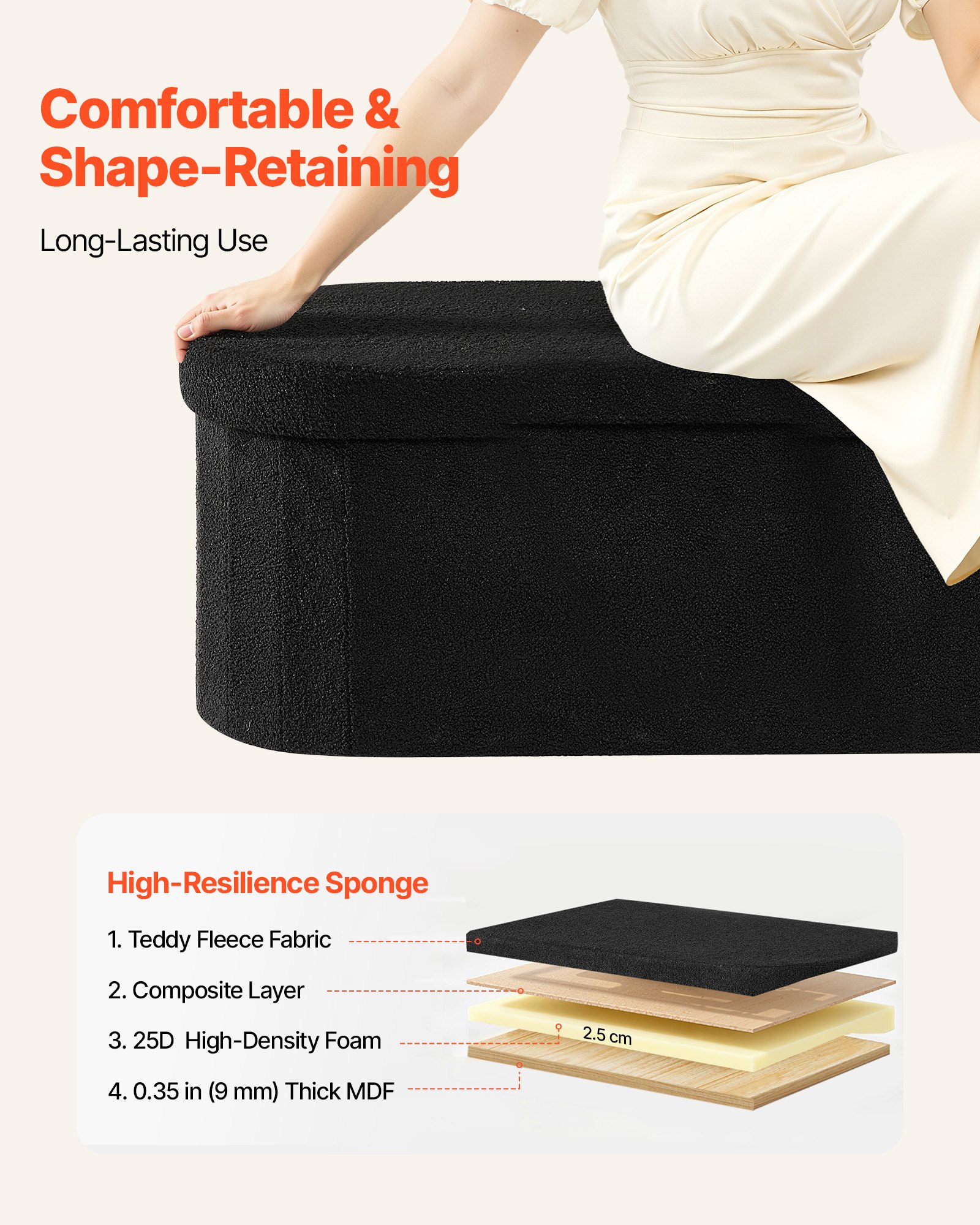 VEVOR Reposapiés Plegable Ovalado, con Espacio de Almacenamiento, Asiento Acolchado, Carga 299,37 kg, Moderno y Minimalista, 1100 x 380 x 380 mm, para Salón, Dormitorio y Pasillo, Color Negro