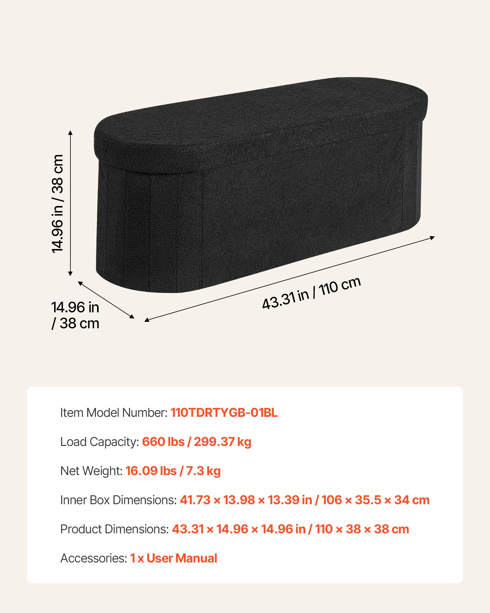VEVOR Reposapiés Plegable Ovalado, con Espacio de Almacenamiento, Asiento Acolchado, Carga 299,37 kg, Moderno y Minimalista, 1100 x 380 x 380 mm, para Salón, Dormitorio y Pasillo, Color Negro