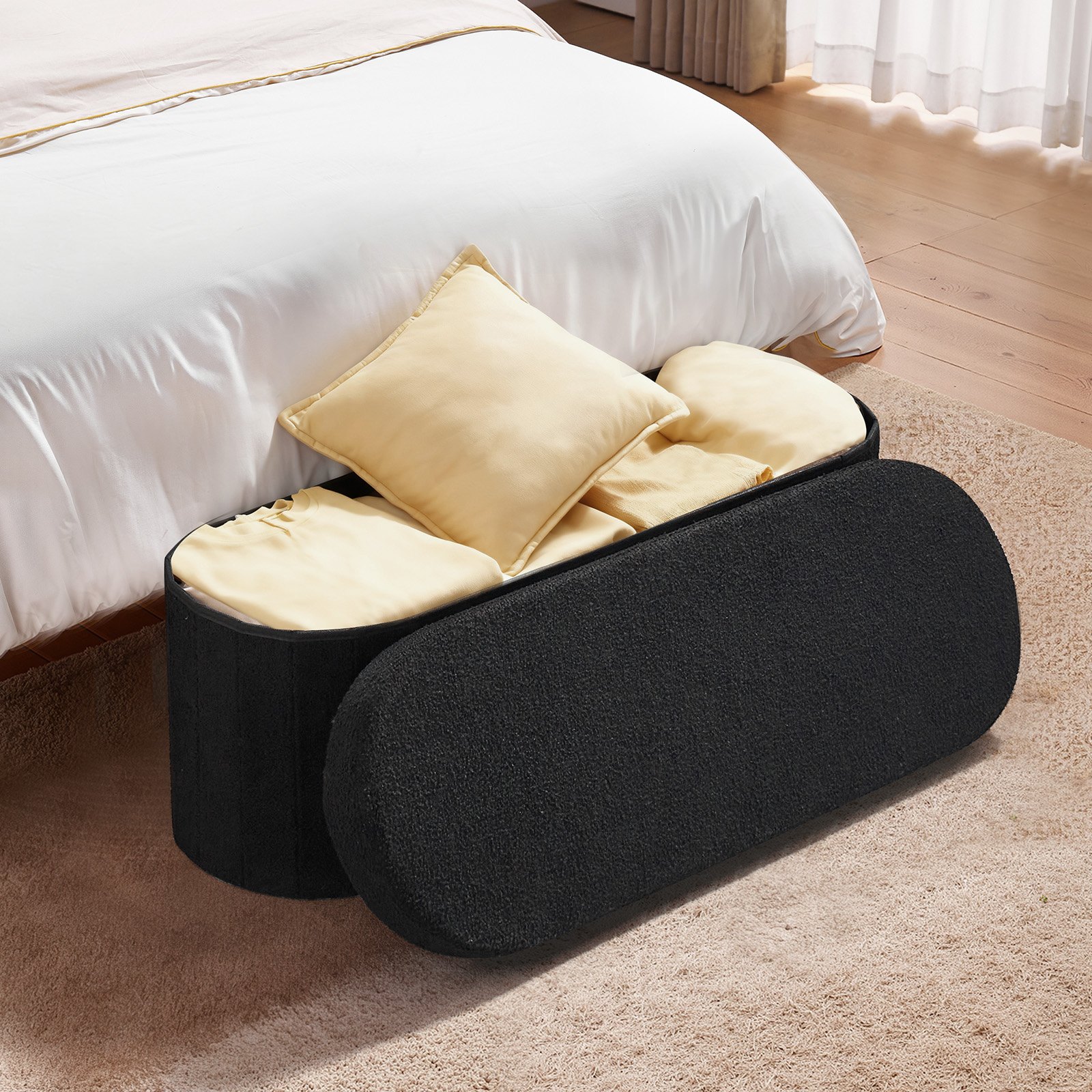VEVOR Reposapiés Plegable Ovalado, con Espacio de Almacenamiento, Asiento Acolchado, Carga 299,37 kg, Moderno y Minimalista, 1100 x 380 x 380 mm, para Salón, Dormitorio y Pasillo, Color Negro