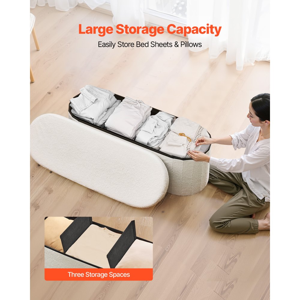 VEVOR Reposapiés Plegable Ovalado con Espacio de Almacenamiento, Asiento Acolchado y Plegable, Carga hasta 299,37 kg, 110 x 38 x 38 cm, Baúl Otomano para Salón, Dormitorio y Pasillo, Color Beige