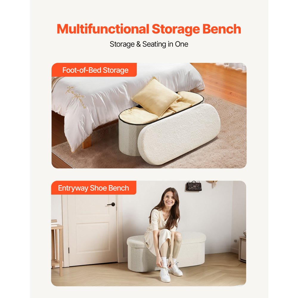 VEVOR Reposapiés Plegable Ovalado con Espacio de Almacenamiento, Asiento Acolchado y Plegable, Carga hasta 299,37 kg, 110 x 38 x 38 cm, Baúl Otomano para Salón, Dormitorio y Pasillo, Color Beige