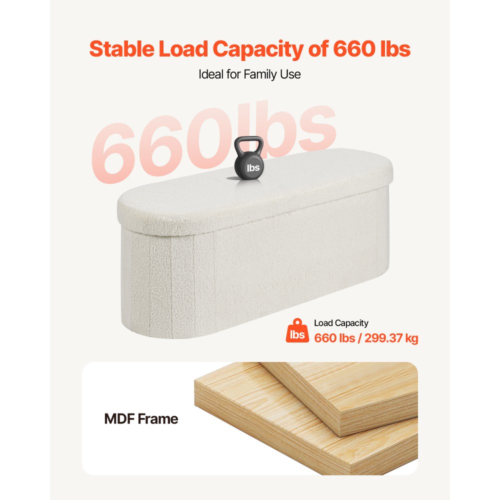 VEVOR Reposapiés Plegable Ovalado con Espacio de Almacenamiento, Asiento Acolchado y Plegable, Carga hasta 299,37 kg, 110 x 38 x 38 cm, Baúl Otomano para Salón, Dormitorio y Pasillo, Color Beige