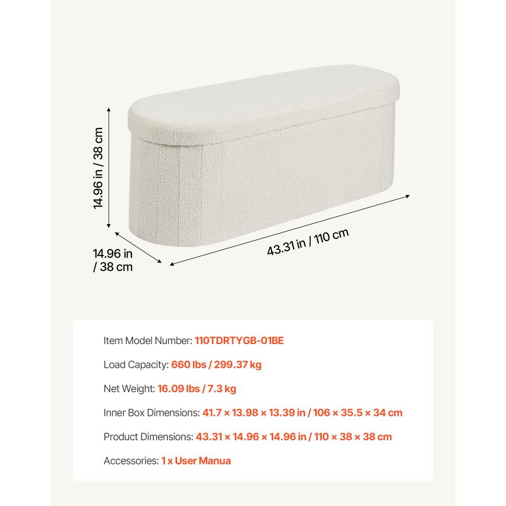 VEVOR Reposapiés Plegable Ovalado con Espacio de Almacenamiento, Asiento Acolchado y Plegable, Carga hasta 299,37 kg, 110 x 38 x 38 cm, Baúl Otomano para Salón, Dormitorio y Pasillo, Color Beige