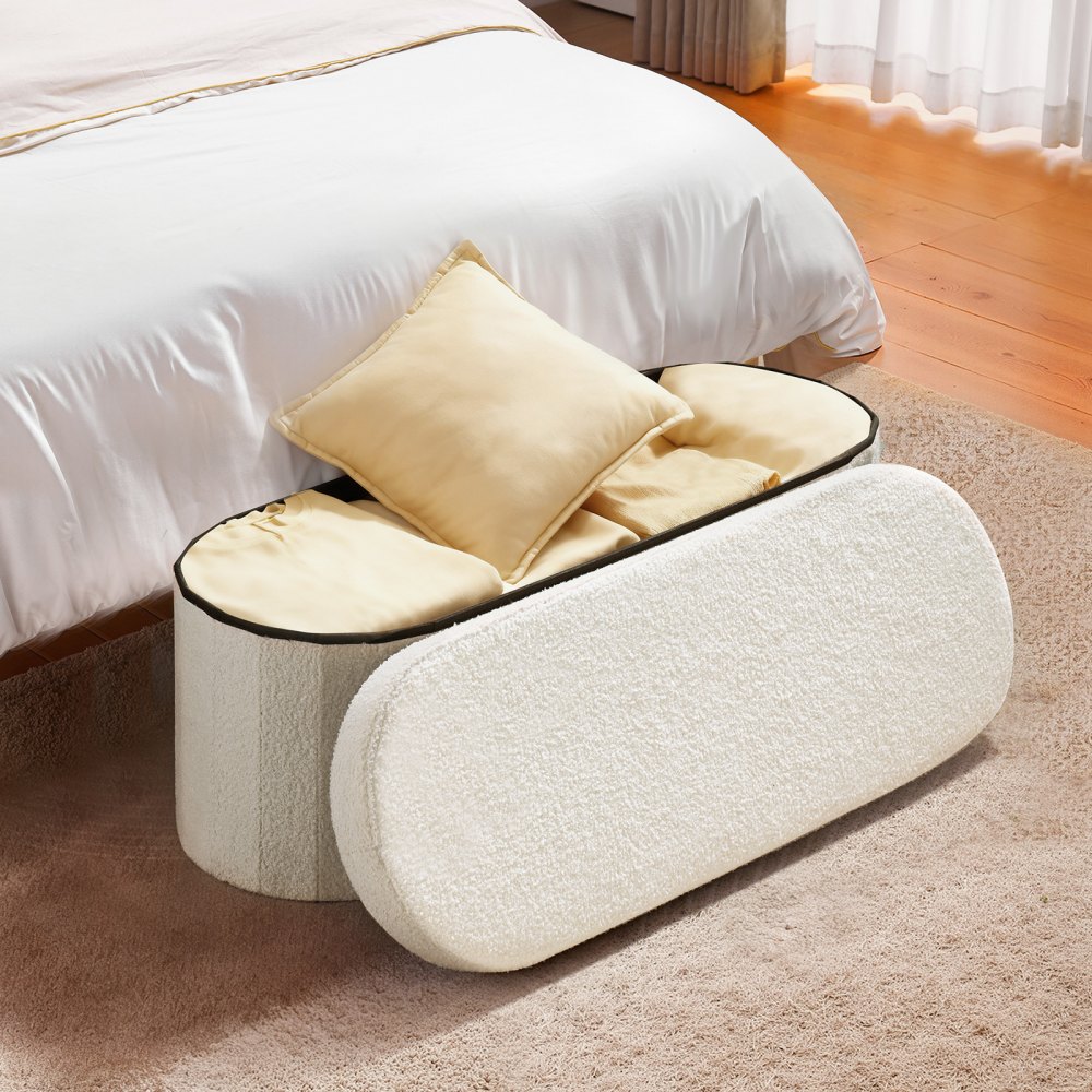 VEVOR Reposapiés Plegable Ovalado con Espacio de Almacenamiento, Asiento Acolchado y Plegable, Carga hasta 299,37 kg, 110 x 38 x 38 cm, Baúl Otomano para Salón, Dormitorio y Pasillo, Color Beige