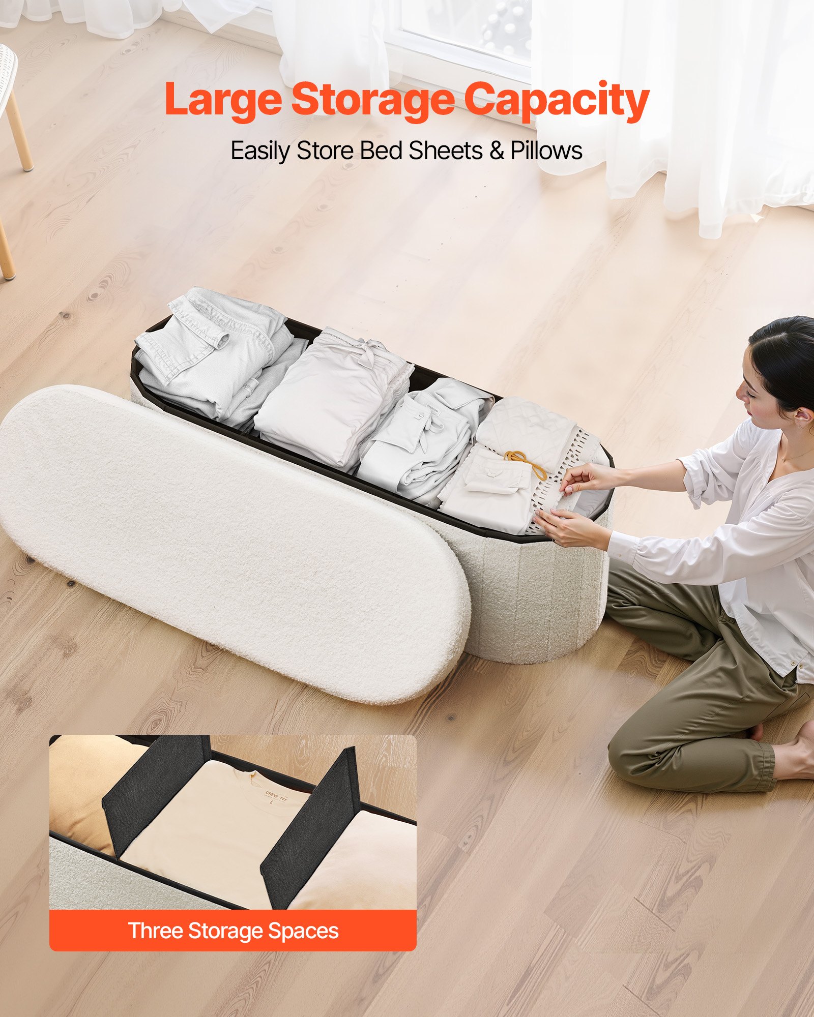 VEVOR Reposapiés Plegable Ovalado con Espacio de Almacenamiento, Asiento Acolchado y Plegable, Carga hasta 299,37 kg, 110 x 38 x 38 cm, Baúl Otomano para Salón, Dormitorio y Pasillo, Color Beige