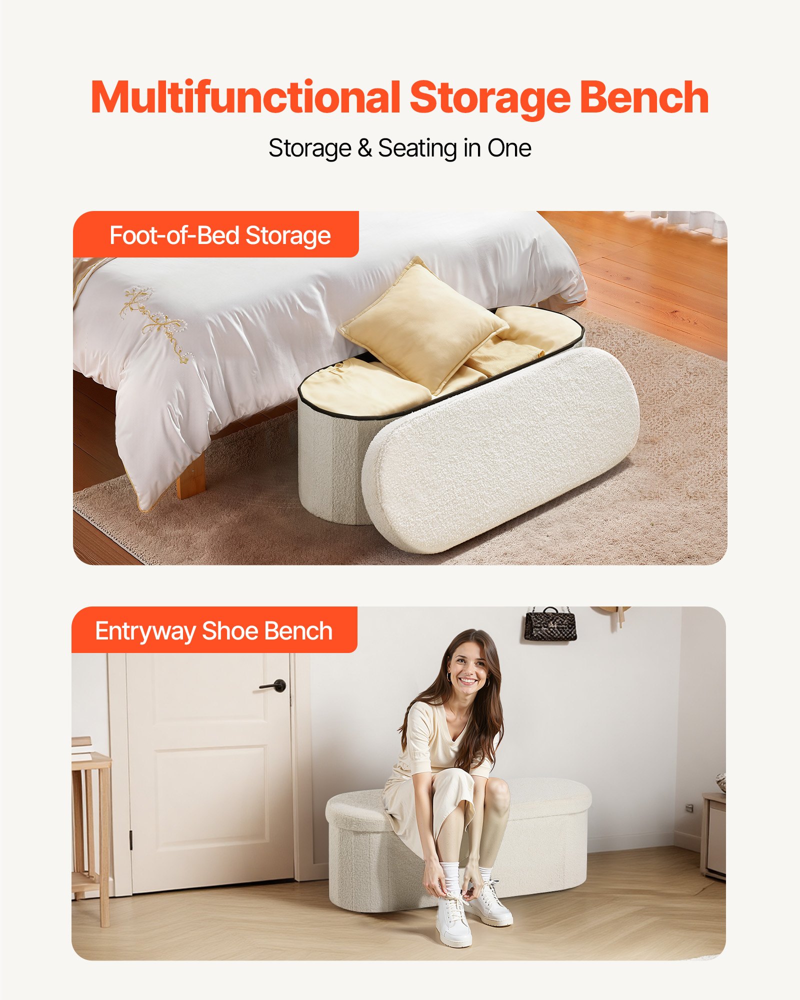 VEVOR Reposapiés Plegable Ovalado con Espacio de Almacenamiento, Asiento Acolchado y Plegable, Carga hasta 299,37 kg, 110 x 38 x 38 cm, Baúl Otomano para Salón, Dormitorio y Pasillo, Color Beige