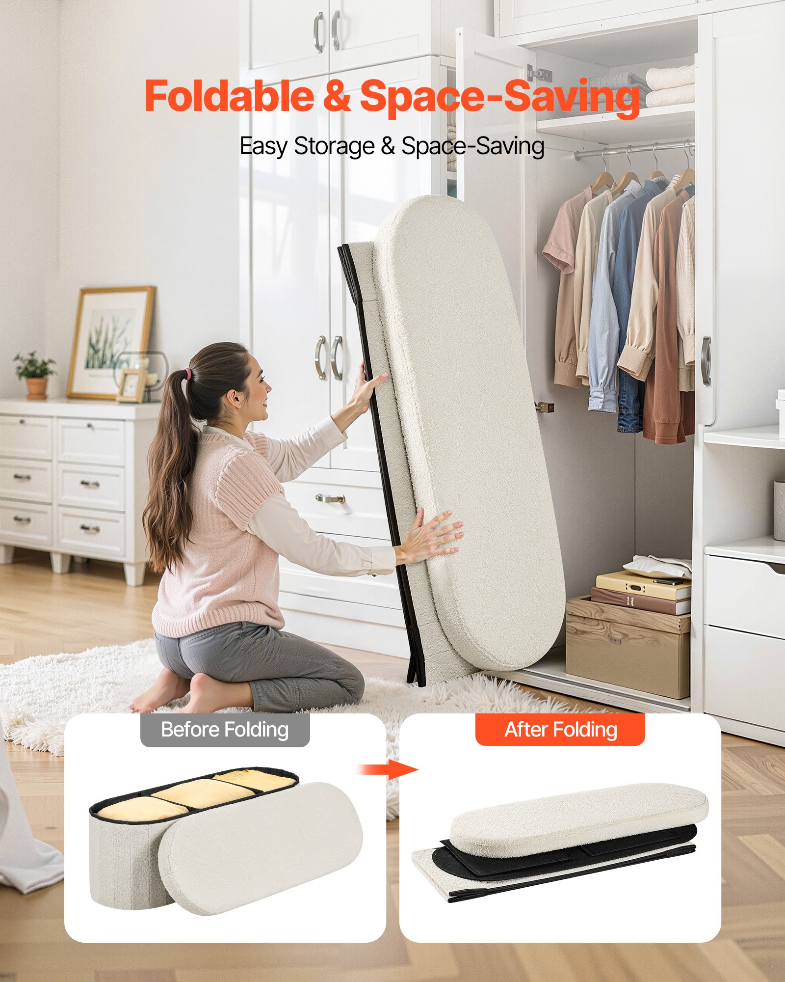 VEVOR Reposapiés Plegable Ovalado con Espacio de Almacenamiento, Asiento Acolchado y Plegable, Carga hasta 299,37 kg, 110 x 38 x 38 cm, Baúl Otomano para Salón, Dormitorio y Pasillo, Color Beige