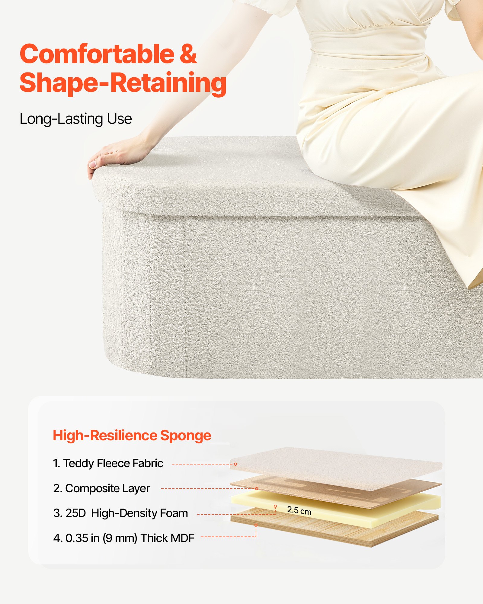 VEVOR Reposapiés Plegable Ovalado con Espacio de Almacenamiento, Asiento Acolchado y Plegable, Carga hasta 299,37 kg, 110 x 38 x 38 cm, Baúl Otomano para Salón, Dormitorio y Pasillo, Color Beige