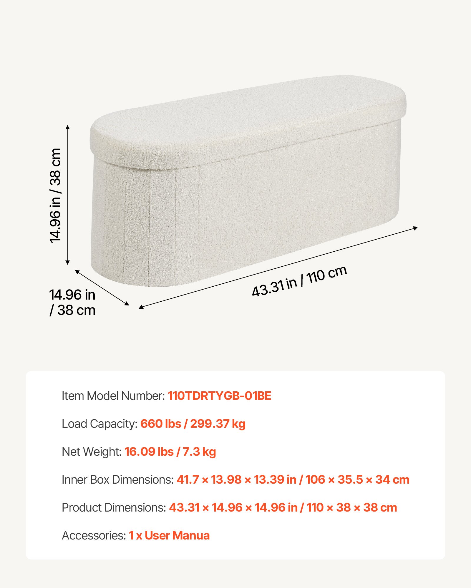 VEVOR Reposapiés Plegable Ovalado con Espacio de Almacenamiento, Asiento Acolchado y Plegable, Carga hasta 299,37 kg, 110 x 38 x 38 cm, Baúl Otomano para Salón, Dormitorio y Pasillo, Color Beige