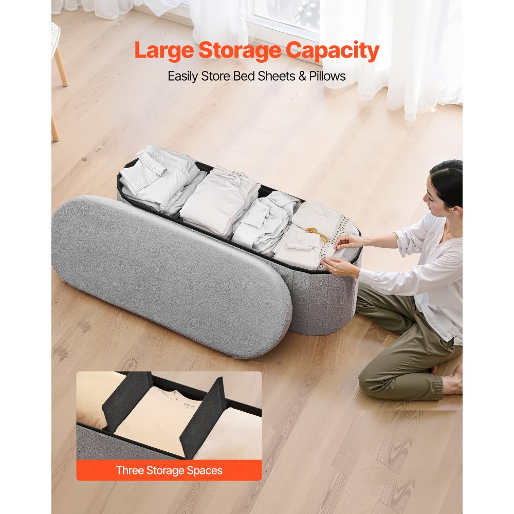 VEVOR Reposapiés Plegable Ovalado con Espacio de Almacenamiento, Asiento Acolchado y Plegable, Capacidad de Carga 299,37 kg, 1100 x 380 x 380 mm, para Salón, Dormitorio y Entrada, Color Gris