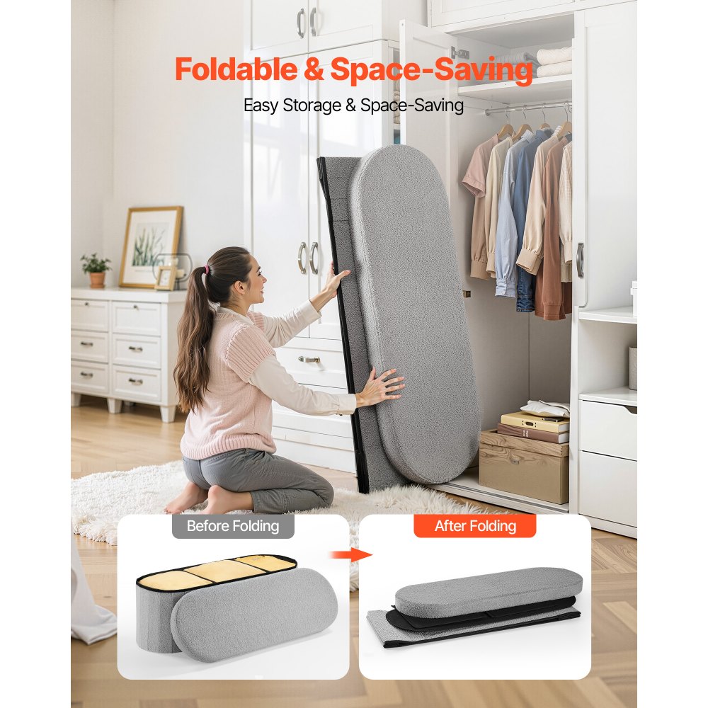 VEVOR Reposapiés Plegable Ovalado con Espacio de Almacenamiento, Asiento Acolchado y Plegable, Capacidad de Carga 299,37 kg, 1100 x 380 x 380 mm, para Salón, Dormitorio y Entrada, Color Gris