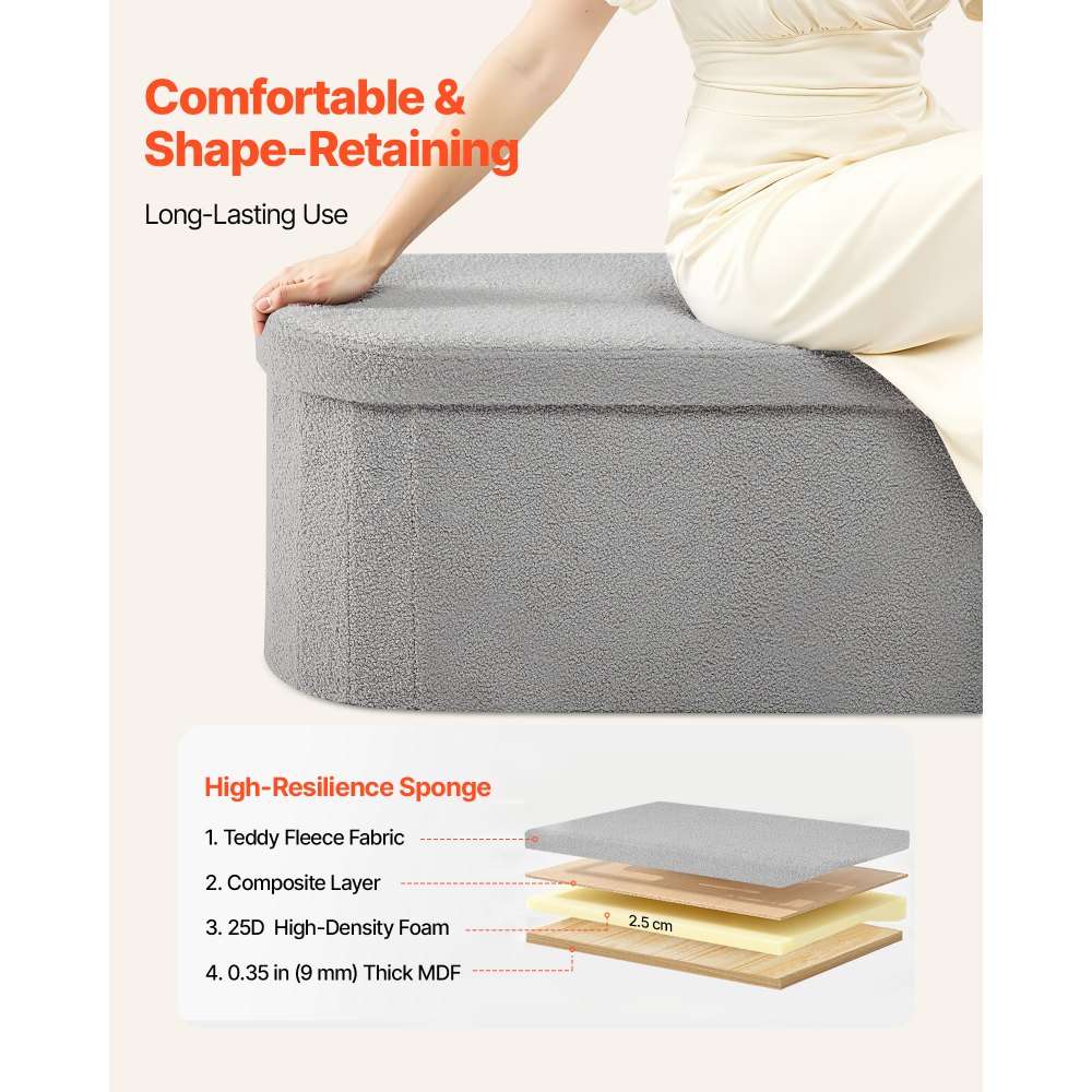VEVOR Reposapiés Plegable Ovalado con Espacio de Almacenamiento, Asiento Acolchado y Plegable, Capacidad de Carga 299,37 kg, 1100 x 380 x 380 mm, para Salón, Dormitorio y Entrada, Color Gris