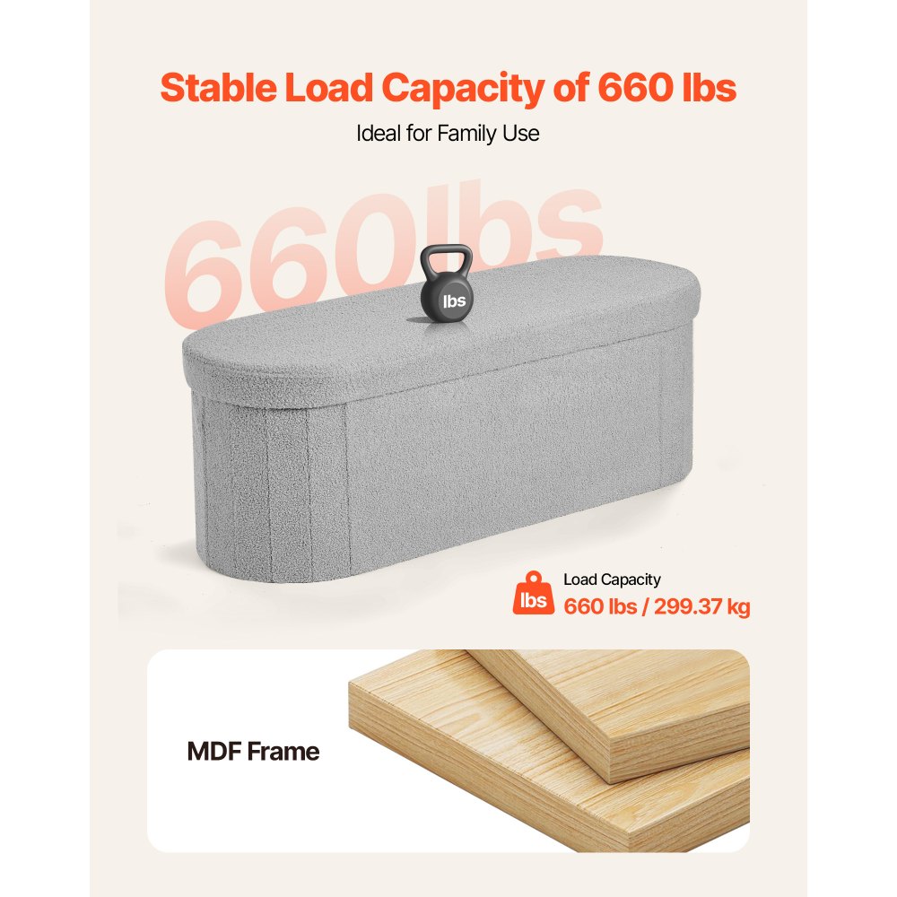 VEVOR Reposapiés Plegable Ovalado con Espacio de Almacenamiento, Asiento Acolchado y Plegable, Capacidad de Carga 299,37 kg, 1100 x 380 x 380 mm, para Salón, Dormitorio y Entrada, Color Gris