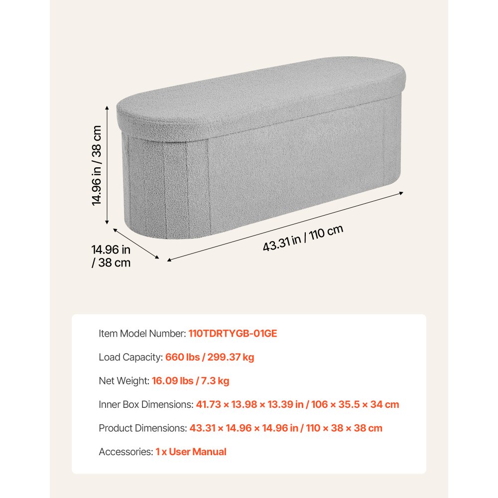 VEVOR Reposapiés Plegable Ovalado con Espacio de Almacenamiento, Asiento Acolchado y Plegable, Capacidad de Carga 299,37 kg, 1100 x 380 x 380 mm, para Salón, Dormitorio y Entrada, Color Gris