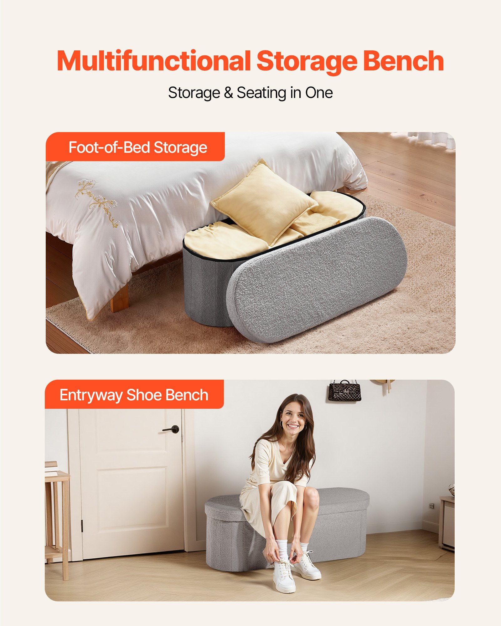 VEVOR Reposapiés Plegable Ovalado con Espacio de Almacenamiento, Asiento Acolchado y Plegable, Capacidad de Carga 299,37 kg, 1100 x 380 x 380 mm, para Salón, Dormitorio y Entrada, Color Gris