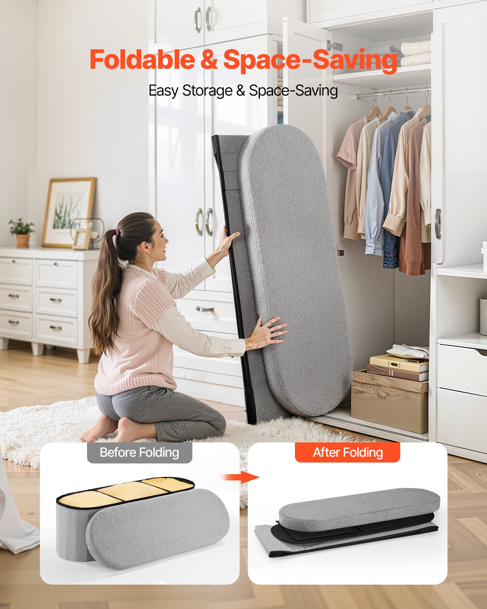 VEVOR Reposapiés Plegable Ovalado con Espacio de Almacenamiento, Asiento Acolchado y Plegable, Capacidad de Carga 299,37 kg, 1100 x 380 x 380 mm, para Salón, Dormitorio y Entrada, Color Gris