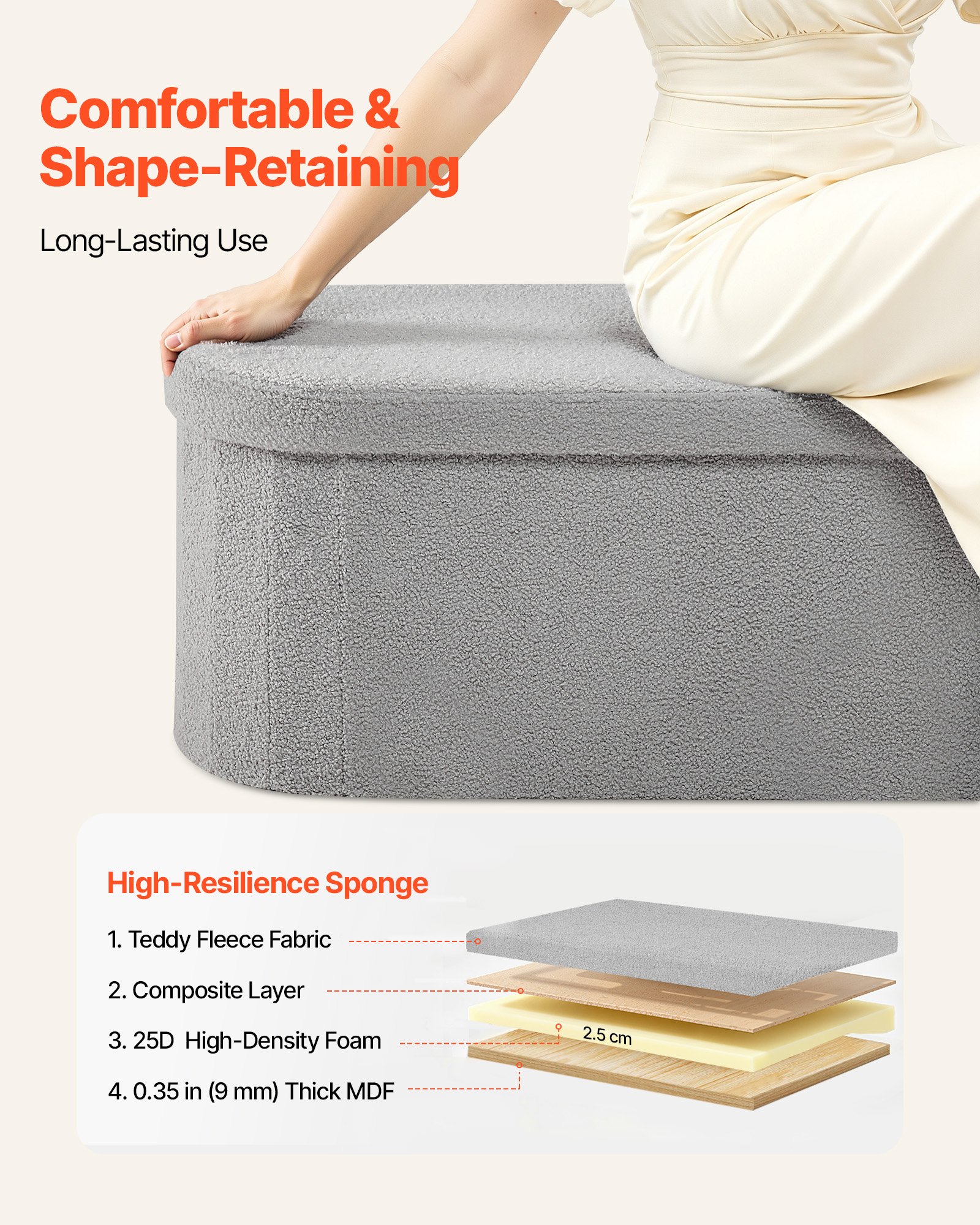 VEVOR Reposapiés Plegable Ovalado con Espacio de Almacenamiento, Asiento Acolchado y Plegable, Capacidad de Carga 299,37 kg, 1100 x 380 x 380 mm, para Salón, Dormitorio y Entrada, Color Gris
