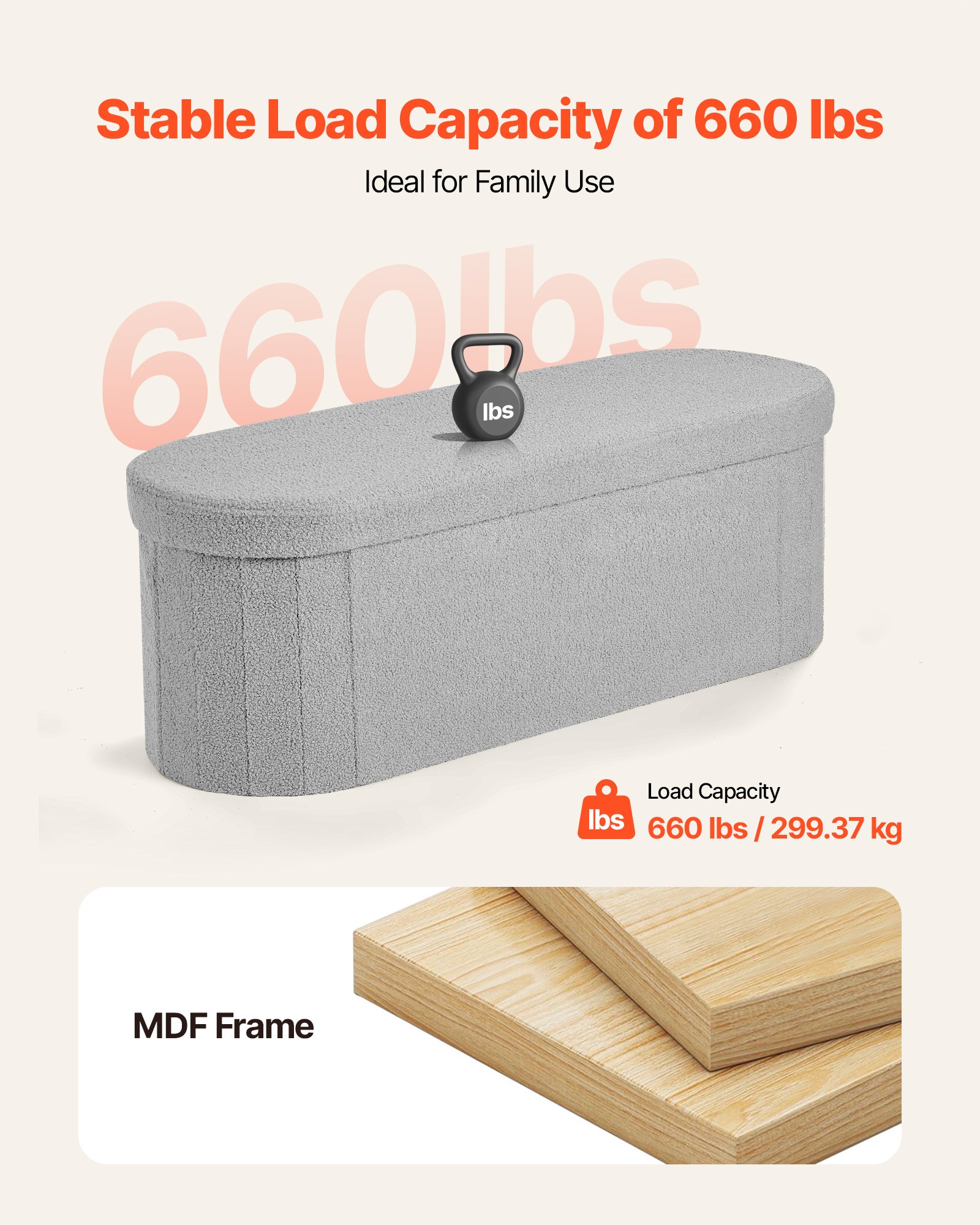 VEVOR Reposapiés Plegable Ovalado con Espacio de Almacenamiento, Asiento Acolchado y Plegable, Capacidad de Carga 299,37 kg, 1100 x 380 x 380 mm, para Salón, Dormitorio y Entrada, Color Gris