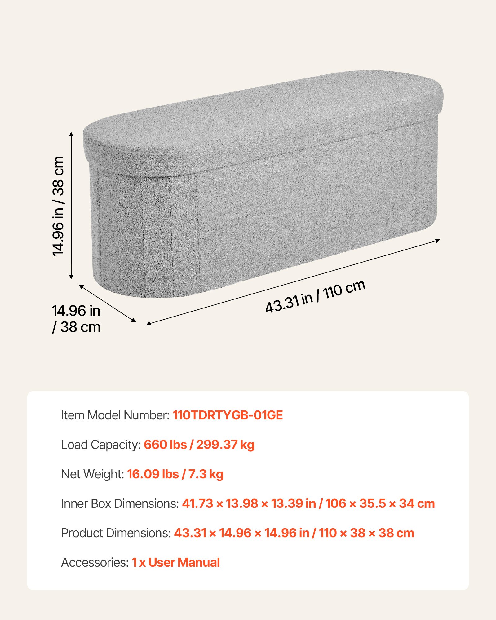 VEVOR Reposapiés Plegable Ovalado con Espacio de Almacenamiento, Asiento Acolchado y Plegable, Capacidad de Carga 299,37 kg, 1100 x 380 x 380 mm, para Salón, Dormitorio y Entrada, Color Gris
