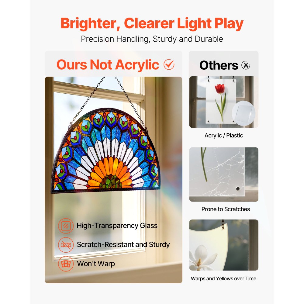 VEVOR Panel de Vidriera Colgante para Ventana 913 x 465 x 4,5 mm Panel de Vitral Colorido Marco de Metal con Cadena Diseño de Media Luna Fácil de Limpiar para Decoración de Cocina, Hogar, Cafetería