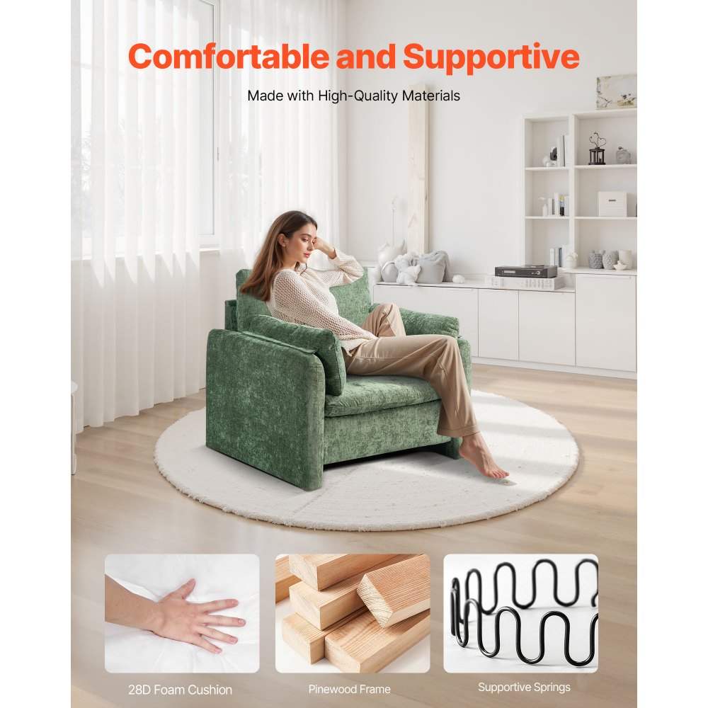 VEVOR Sillón Moderno con Reposabrazos Tapizado en Tela con Cojín Grueso y Respaldo de 444,5 mm Silla Decorativa Cómoda y Elegante para Salón, Dormitorio, Estudio, Oficina, Sala de Estar, Verde