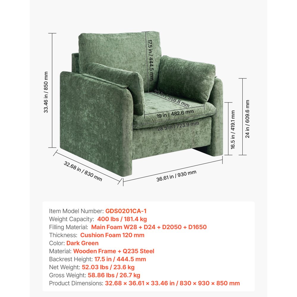 VEVOR Sillón Moderno con Reposabrazos Tapizado en Tela con Cojín Grueso y Respaldo de 444,5 mm Silla Decorativa Cómoda y Elegante para Salón, Dormitorio, Estudio, Oficina, Sala de Estar, Verde