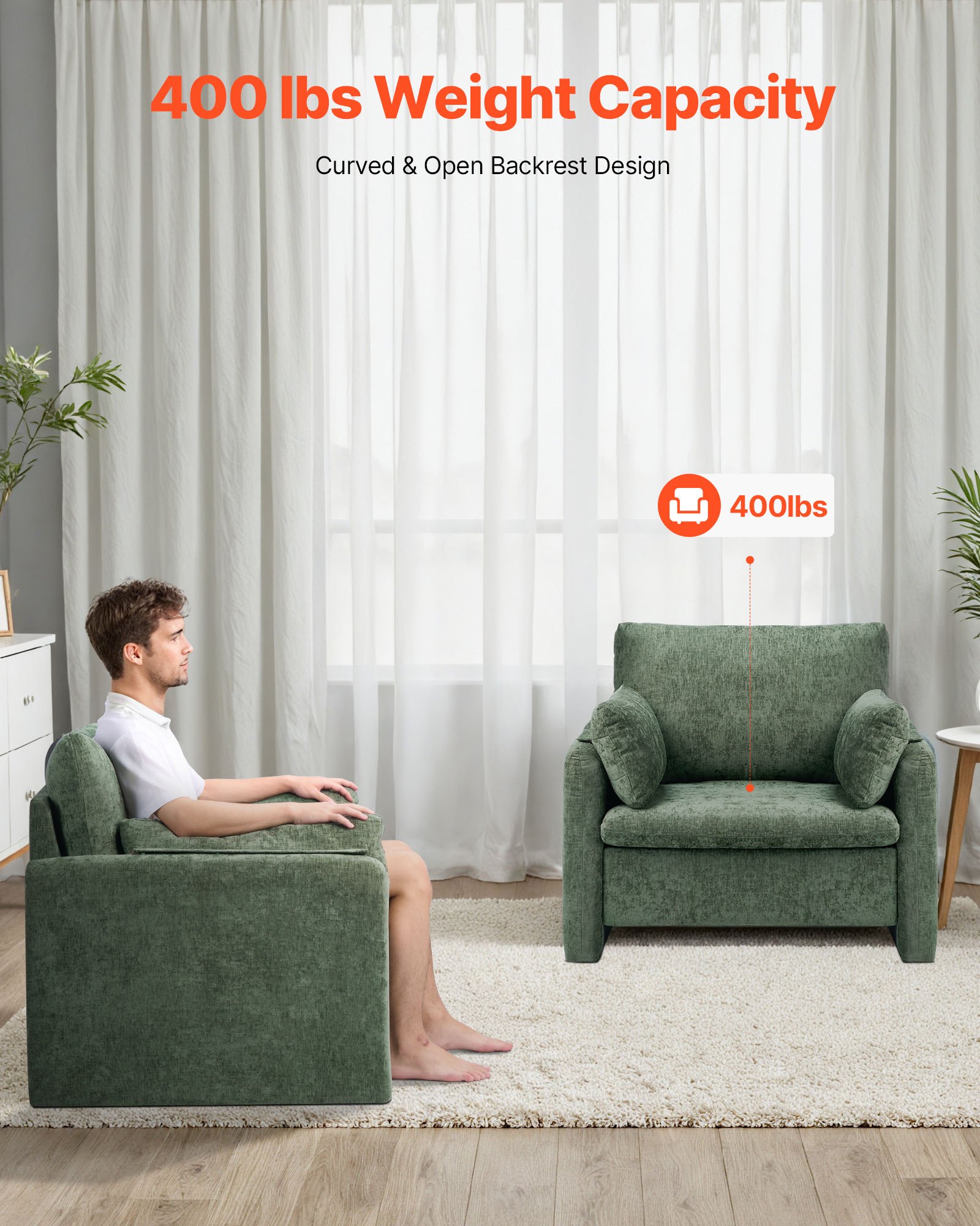 VEVOR Sillón Moderno con Reposabrazos Tapizado en Tela con Cojín Grueso y Respaldo de 444,5 mm Silla Decorativa Cómoda y Elegante para Salón, Dormitorio, Estudio, Oficina, Sala de Estar, Verde