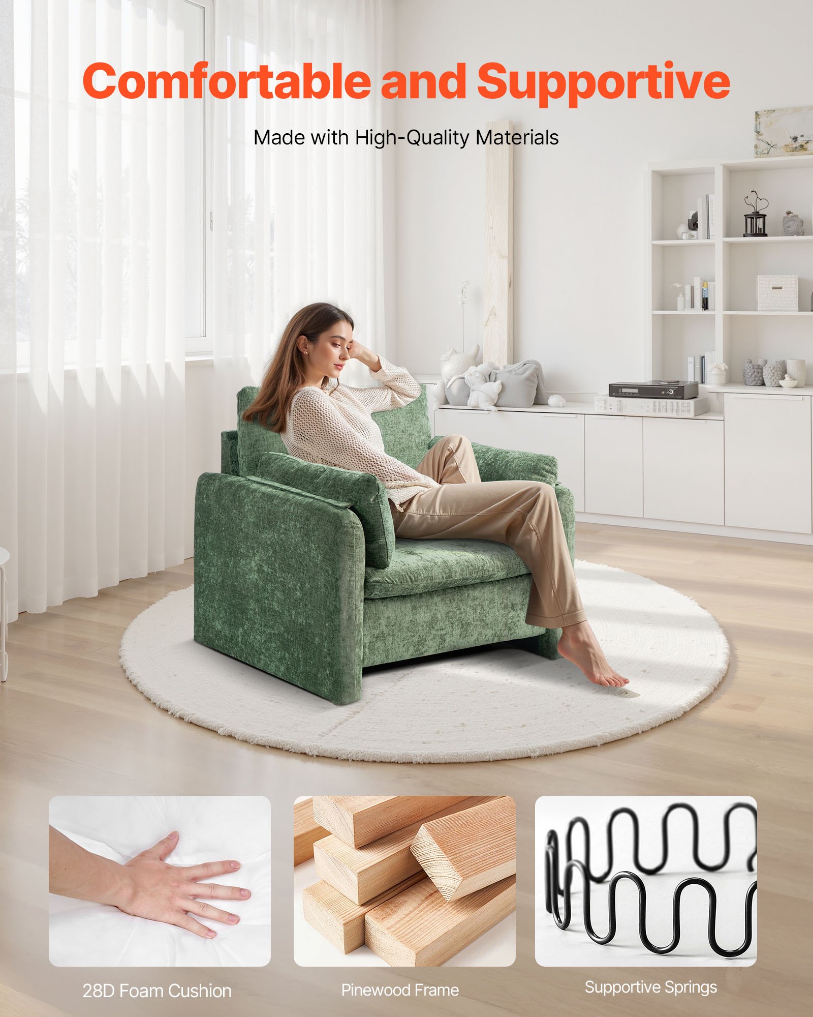 VEVOR Sillón Moderno con Reposabrazos Tapizado en Tela con Cojín Grueso y Respaldo de 444,5 mm Silla Decorativa Cómoda y Elegante para Salón, Dormitorio, Estudio, Oficina, Sala de Estar, Verde