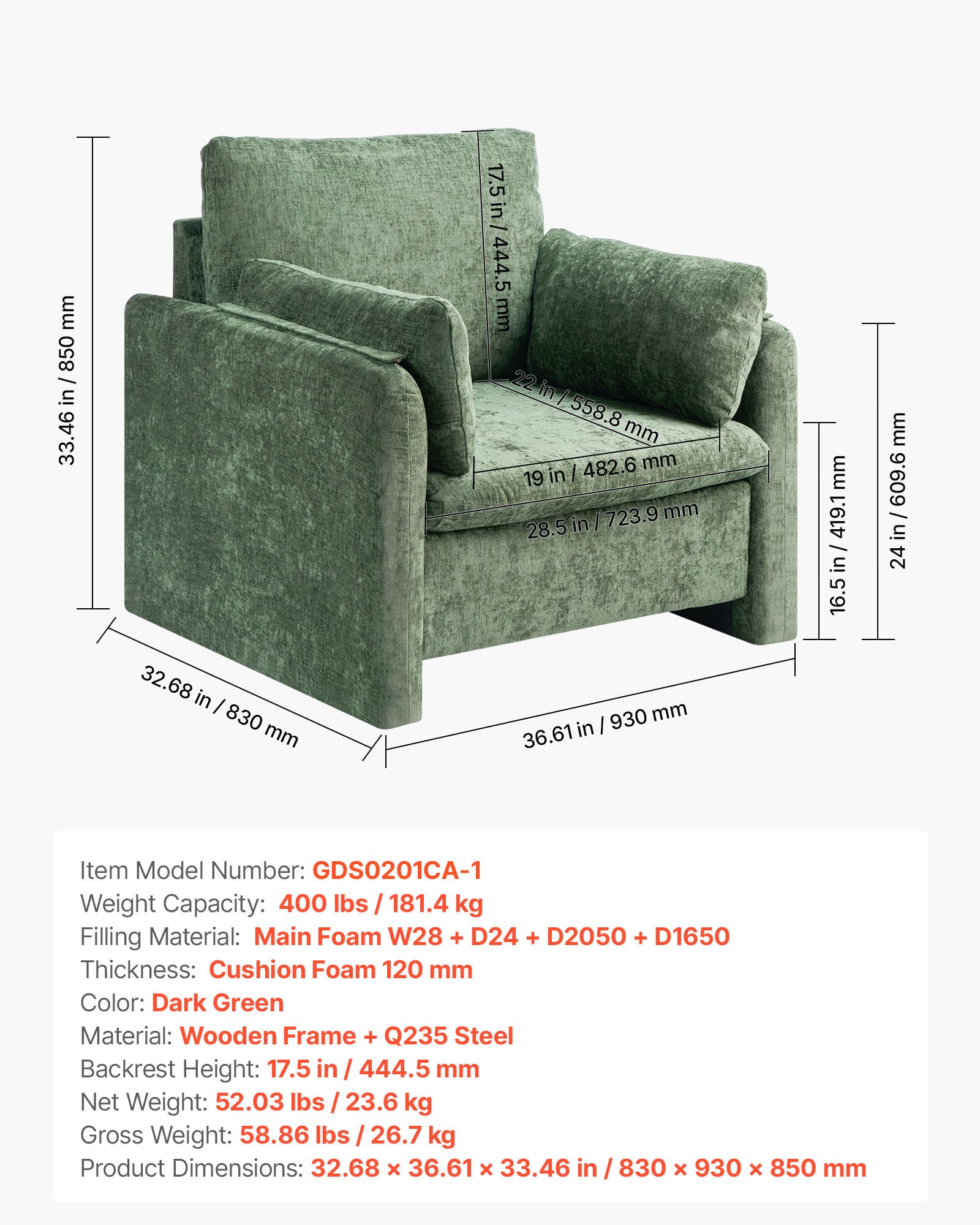 VEVOR Sillón Moderno con Reposabrazos Tapizado en Tela con Cojín Grueso y Respaldo de 444,5 mm Silla Decorativa Cómoda y Elegante para Salón, Dormitorio, Estudio, Oficina, Sala de Estar, Verde