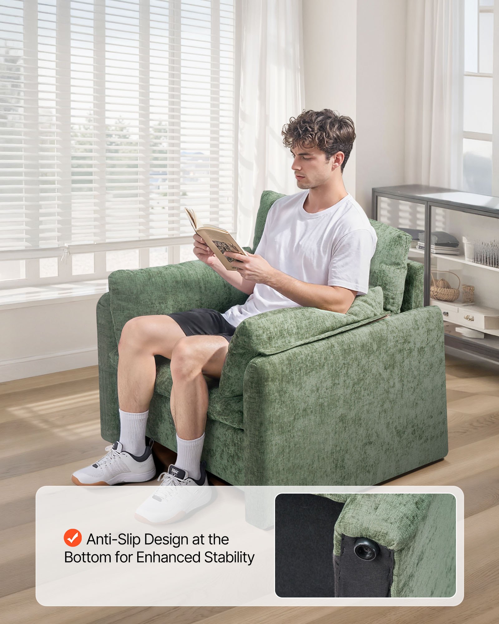 VEVOR Green Accent Chair, Modern Upholstered Accent Chair with Armrests, Cloth Arm Chairs with Thick Cushion and Arched Backrest, Single Fabric Armchair for Living Room, Bedroom, Study, Office