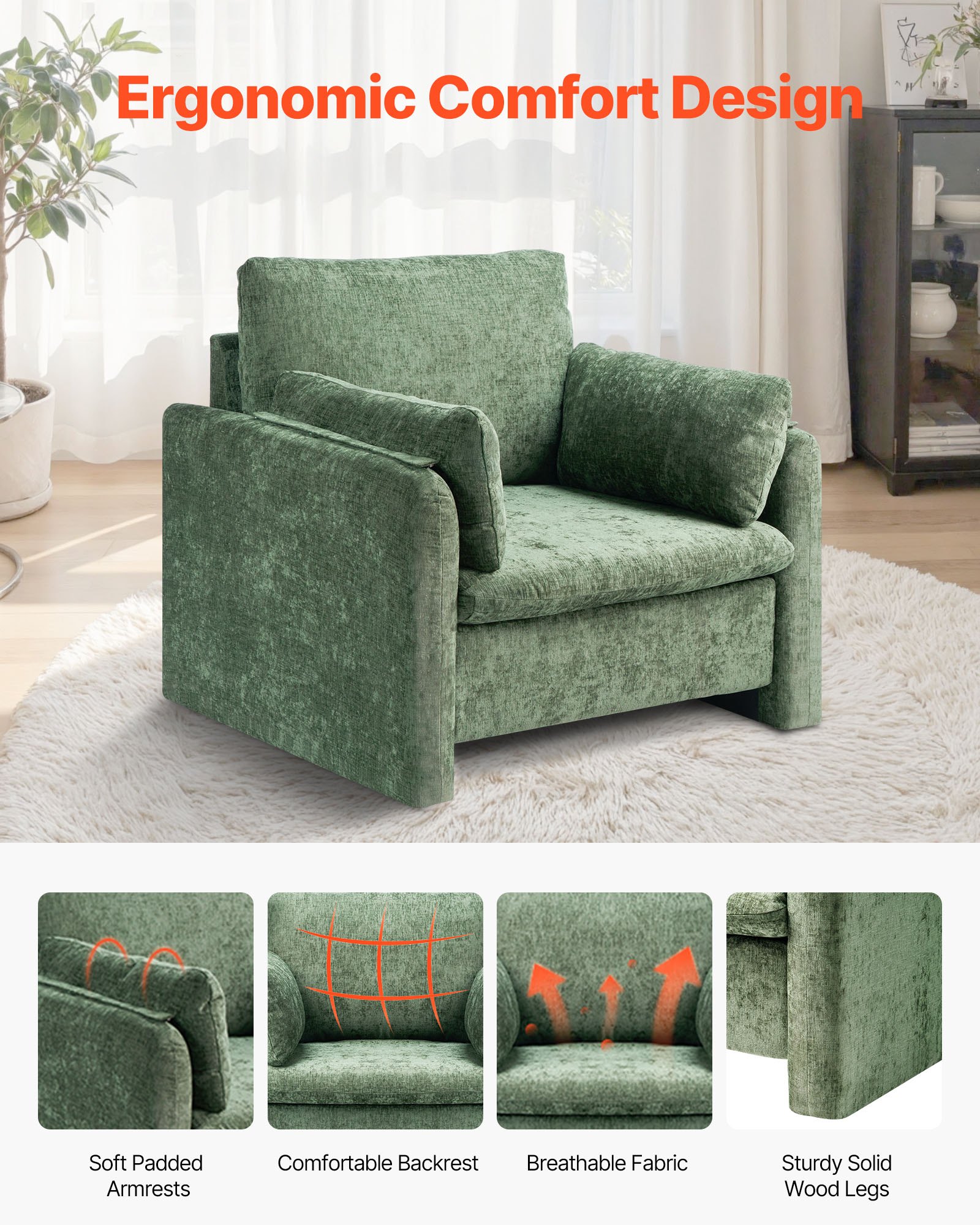 VEVOR Green Accent Chair, Modern Upholstered Accent Chair with Armrests, Cloth Arm Chairs with Thick Cushion and Arched Backrest, Single Fabric Armchair for Living Room, Bedroom, Study, Office