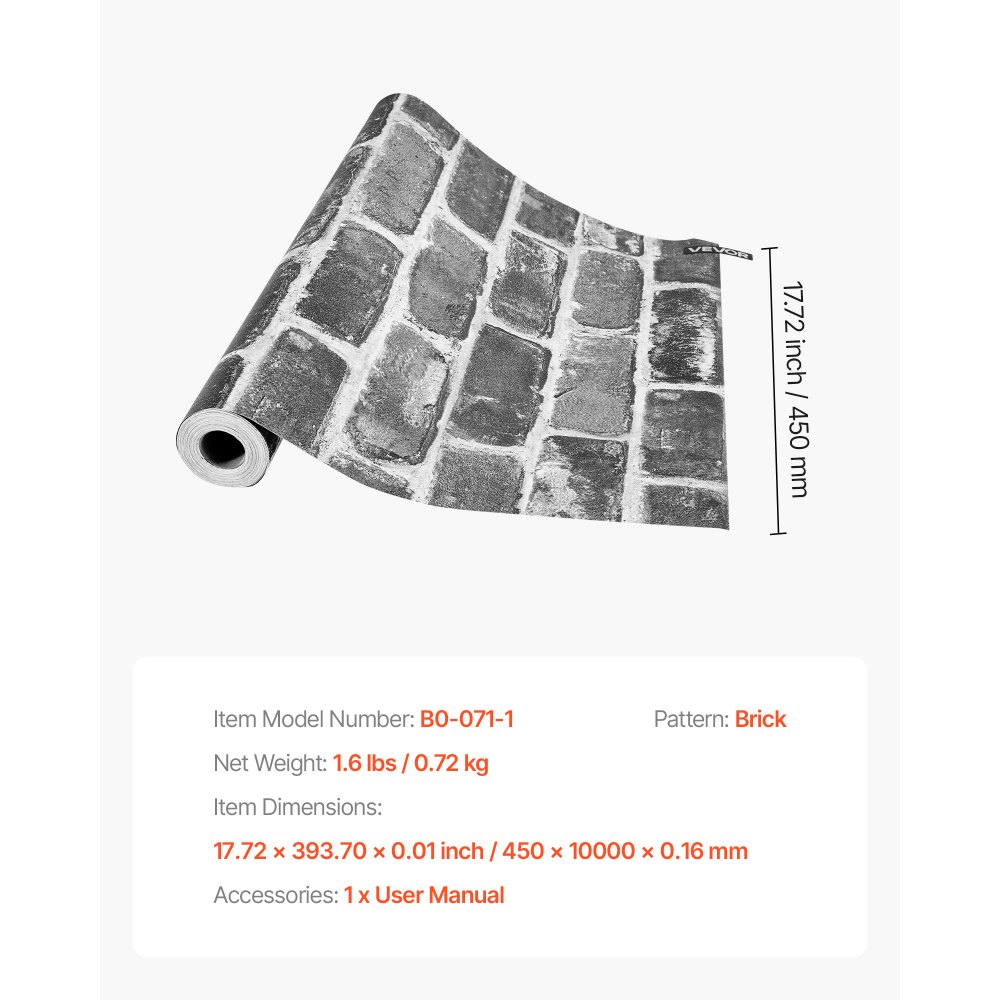 VEVOR Peel and Stick Wallpaper, 45cm x 10m Contact Paper Gray Brick Waterpoof Self Adhesive, Easy to Clean & Peel Wall Decorative Vinyl Roll for Bedroom Kitchen Office Bathroom Desk