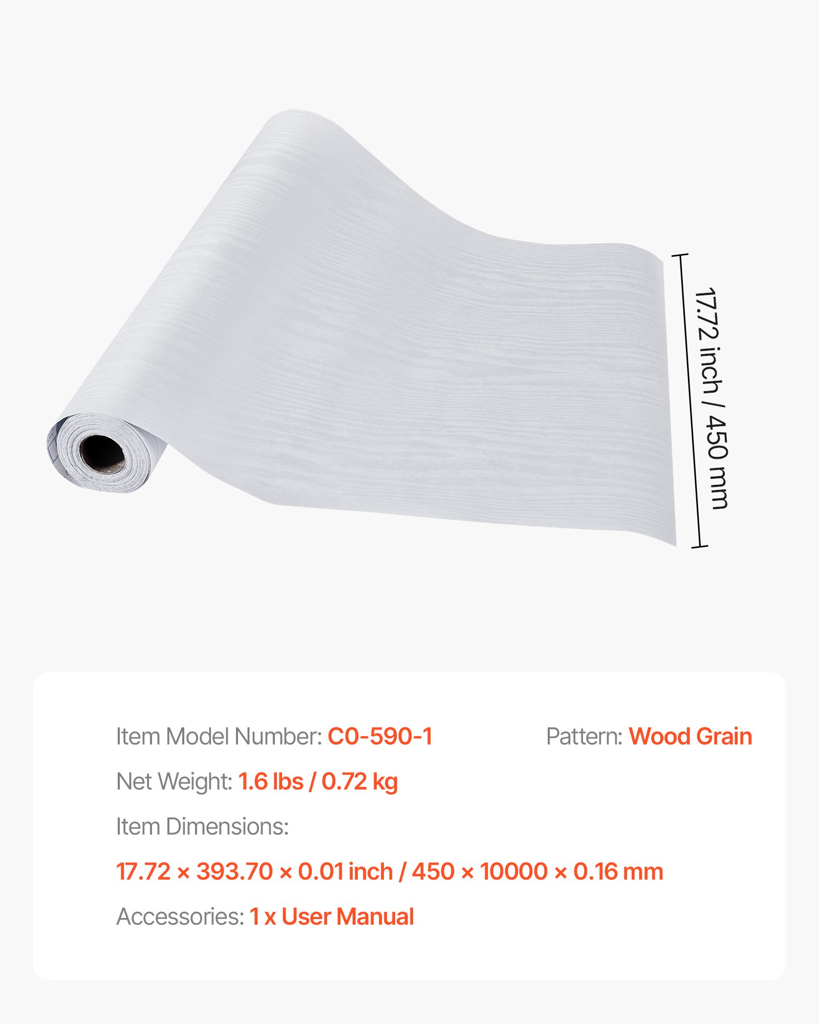 VEVOR Papel Pintado Autoadhesivo para Pared, Lámina Adhesiva con Aspecto de Madera Blanca, Vinilo Decorativo para Muebles Dormitorio, Cocina, Oficina, Baño y Escritorio, 450 x 10000 x 0,16 mm