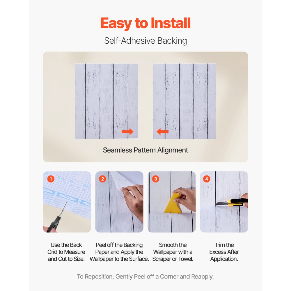 VEVOR Peel and Stick Wallpaper, 45cm x 12m Contact Paper White Wood Textured Waterpoof Self Adhesive, Easy to Clean & Peel Wall Decorative Vinyl Roll for Bedroom Kitchen Office Bathroom Desk