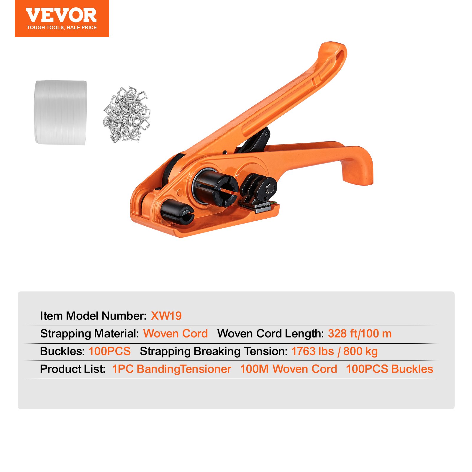 VEVOR Banding Strapping Kit with Strapping Tensioner, 100 m Length, Woven Strapping Band, 100 Metal Seals, Strapping Kit for Pallet Packaging, Strapping Band for Packaging