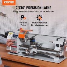 VEVOR Mini Torno de Metal, 7" x 16", 800W Torno de Precisión de Sobremesa, 150-2500 RPM Velocidad Variable Continua, con 3,9" Caja de Herramientas de 3 Mandíbulas para Procesar Piezas de Precisión