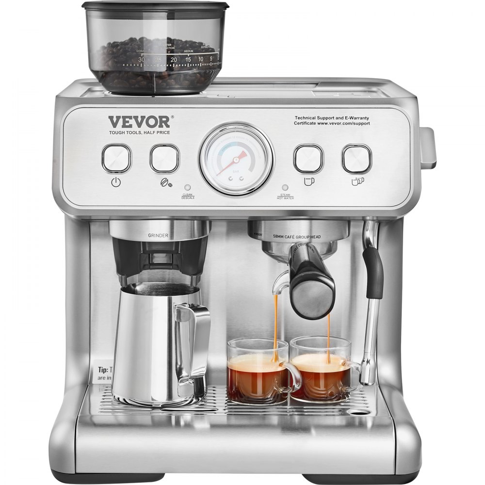 VEVOR Cafetera Espresso con Molinillo, Cafetera Espresso Semiautomática de 15 Bares con Espumador de Leche, Tanque de Agua Extraíble y Manómetro para Capuchino, Latte, Machiato, Sistema de Control PID