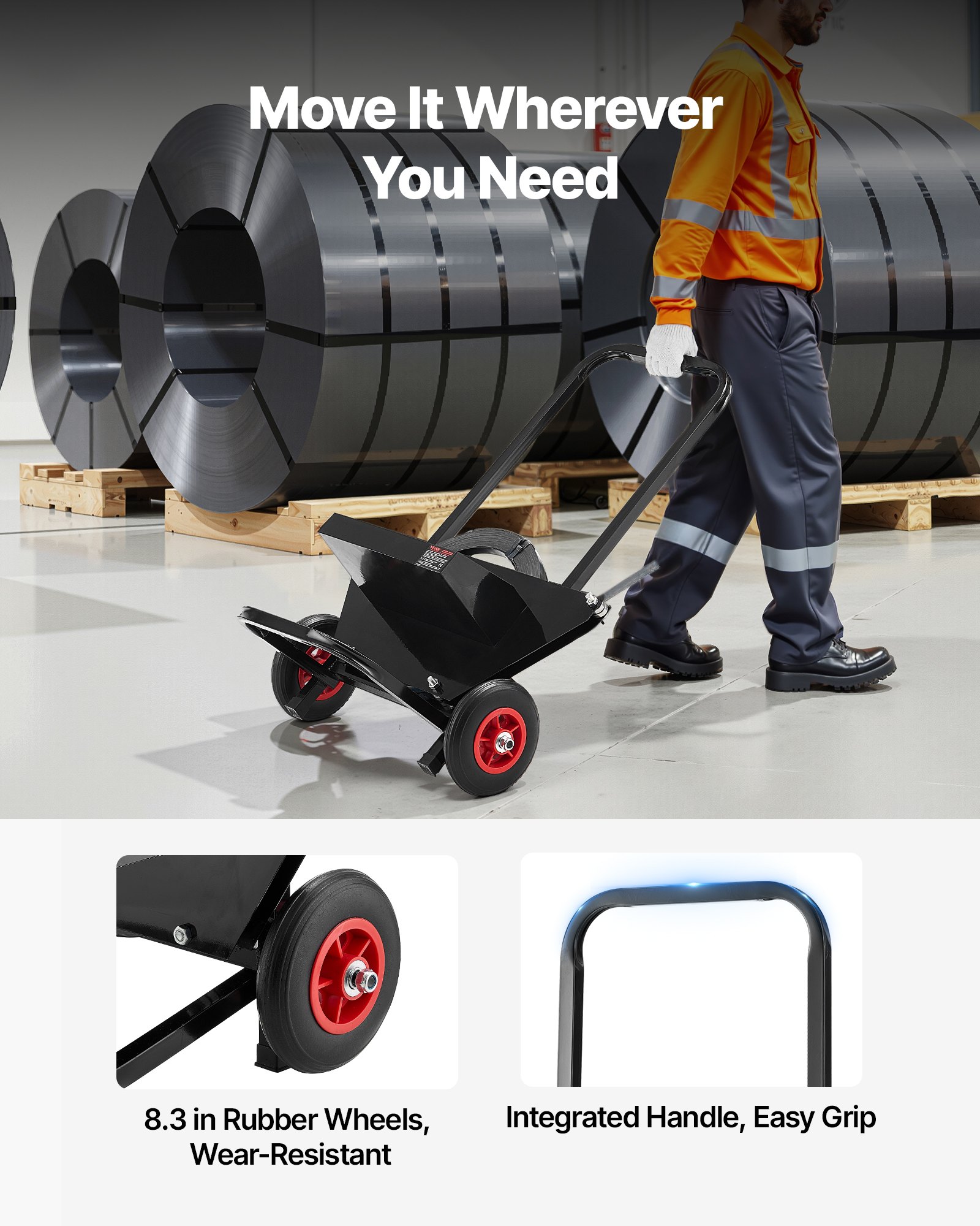 VEVOR Carro Flejador, Apto para Bobinas de Flejado de Acero con Un Diámetro Exterior de Núcleo de 600 mm, con Ruedas de Goma, Ideal para Fábricas, Almacenes y Zonas de Carga, 440 x 670 x 1000 mm