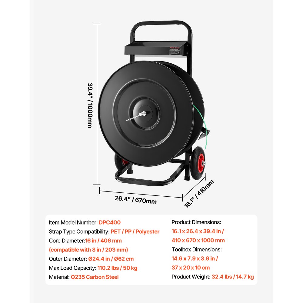 VEVOR Dispensador de Flejes, Adecuado para Rollos de Flejado de PET/PP/Poliéster con Un Tamaño de Núcleo de 203/406 mm, Acero al Carbono Q235, con Sistema de Frenado Mejorado, 410 x 670 x 1000 mm